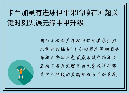 卡兰加虽有进球但平果哈嘹在冲超关键时刻失误无缘中甲升级 卡兰加虽有进球但平果哈嘹在冲超关键时刻失误无缘中甲升级
